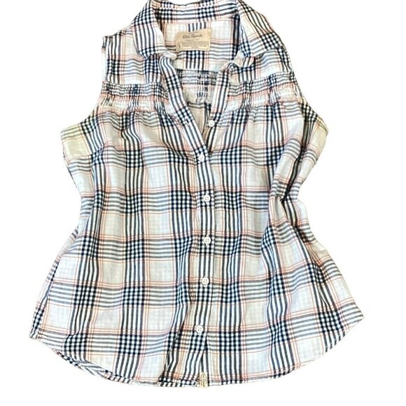Old Ranch Cotton Plaid Smock Accent Sleeveless Button-Down Top Sz S #278G - Picture 1 of 9